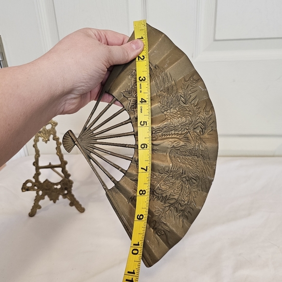 Vintage Brass Bird Crane Phoenix Floral Ornate Fan Decor Accent - Picture 3 of 8